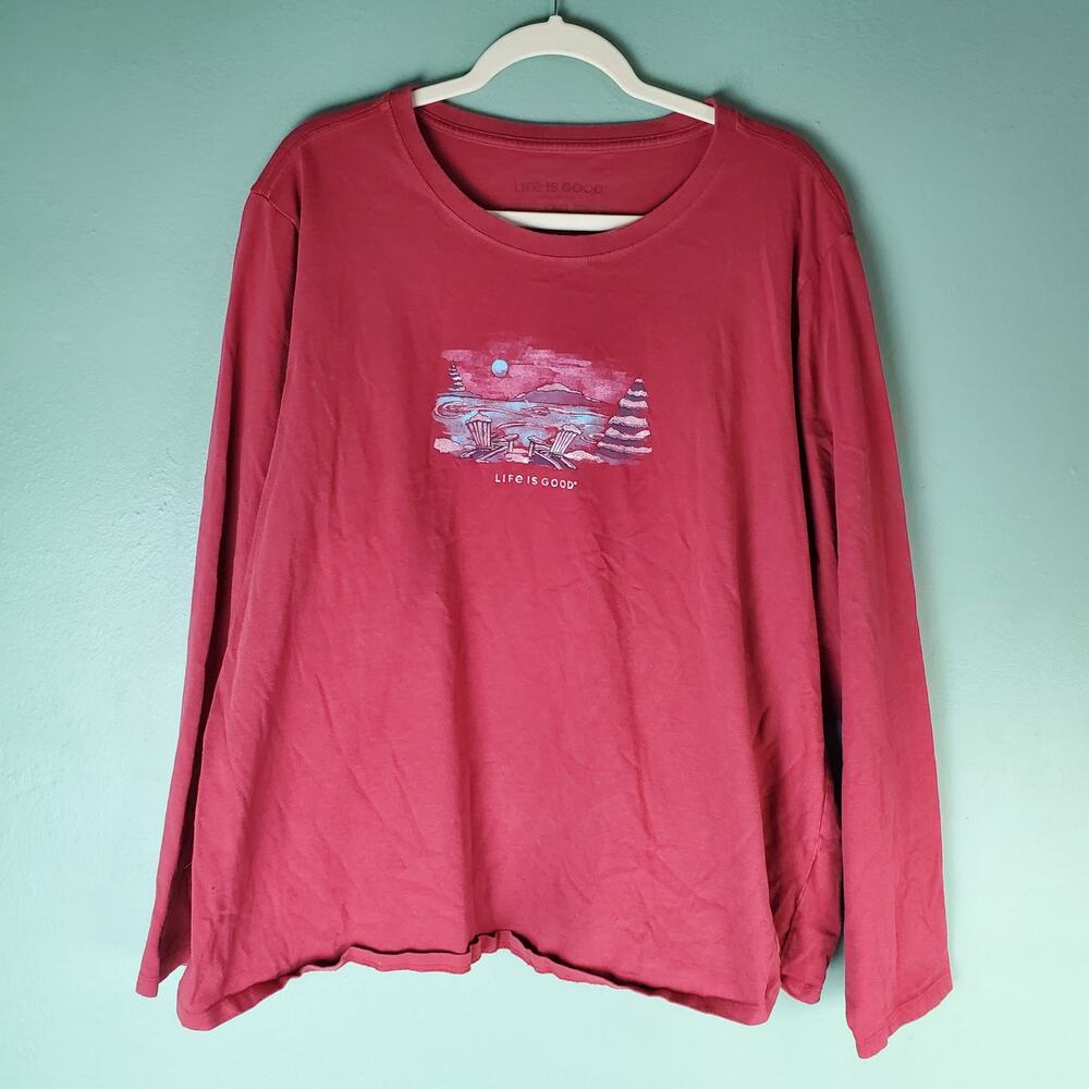 Life Is Good Women's Red Winter Beach Scene Long Sleeve Crewneck Shirt Size XXXL